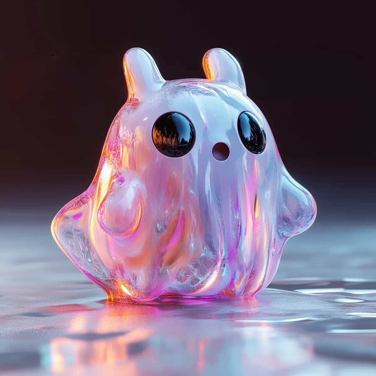 Mochi, pearl glass on a warm floor