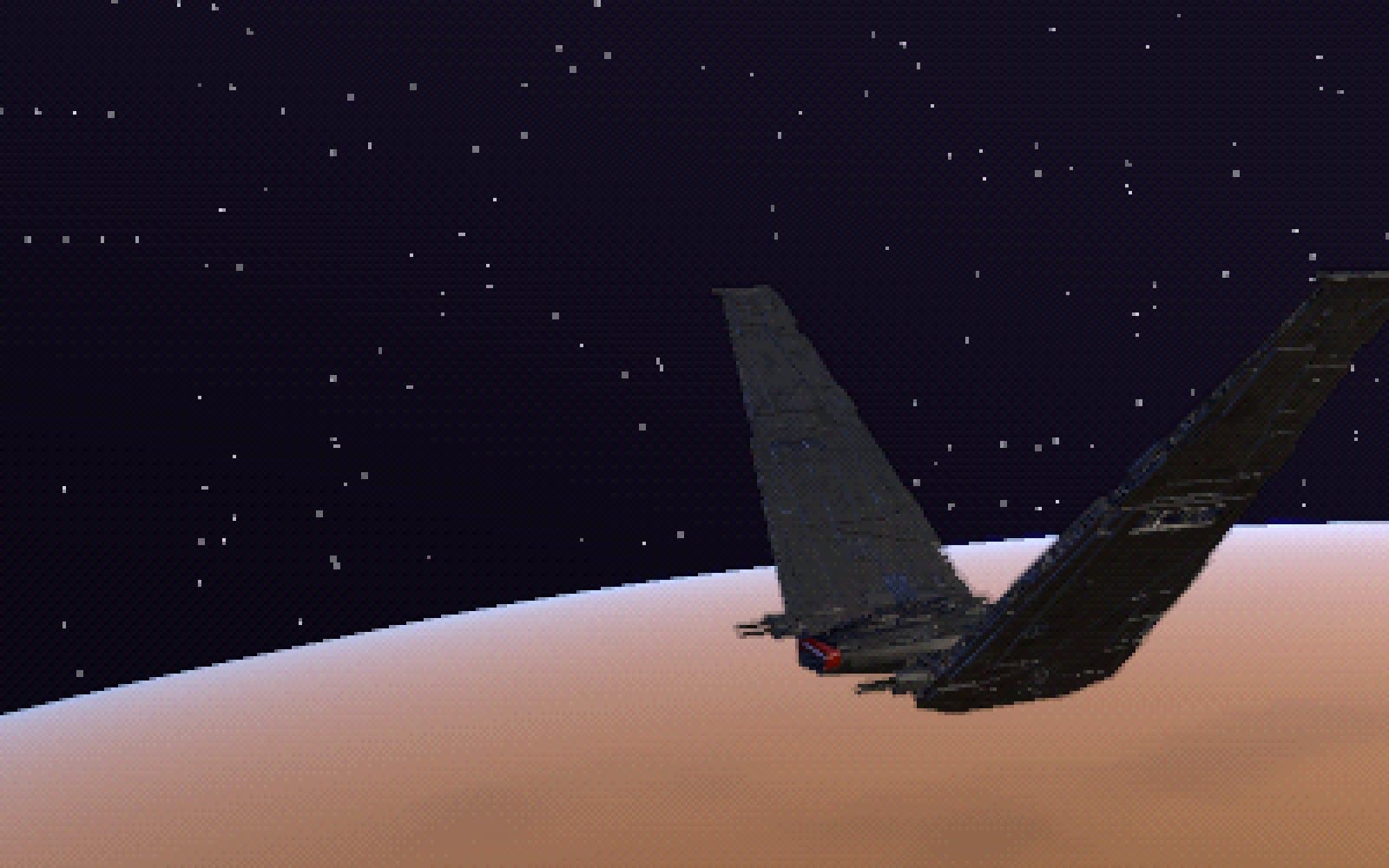 The Upsilon command shuttle over the planet, folding its wings